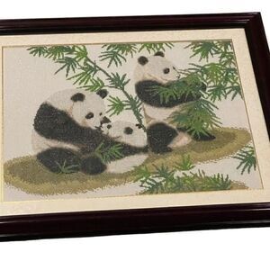 Framed Cross Stitch Needlepoint Art Piece Chinese Pandas Eating Bamboo 20” X 16”